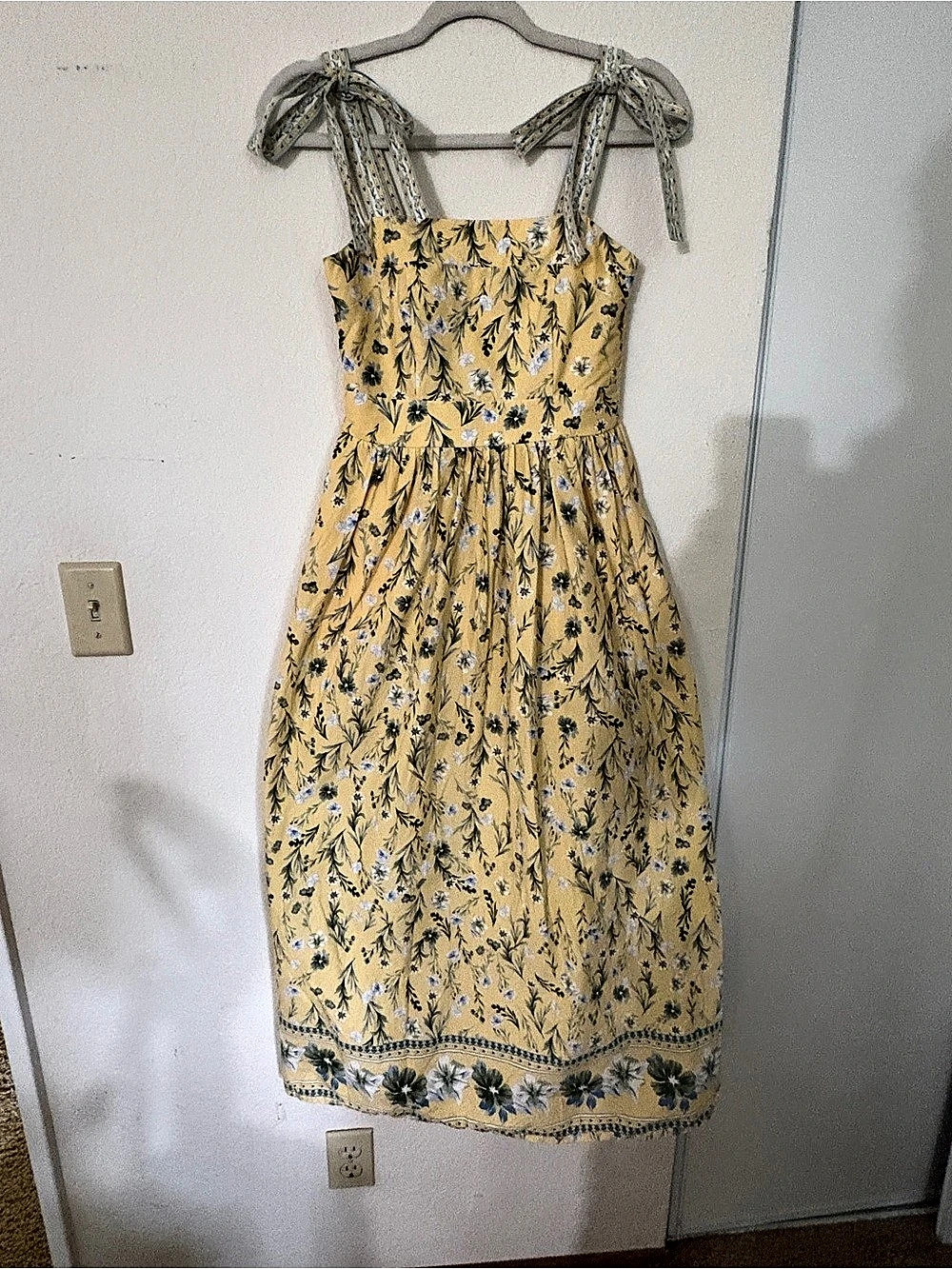 H&M Tie-strap Cotton Dress Floral Midi in Yellow & Blue